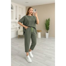 Sosostyle Kadın Kısa Kollu Bisiklet Yaka Viskon Iki Iplik Bluz ve Pantolon Ikili Takım