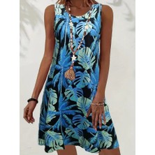 AKN Butik Kadın Mavi Yaprak Baskılı Askılı Süprem Elbise