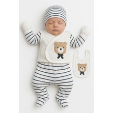 Erkek Bebek 5 Parça Hastane Çıkışı Seti – Lacivert Çizgili Ayıcık Desenli %100 Pamuk Takım