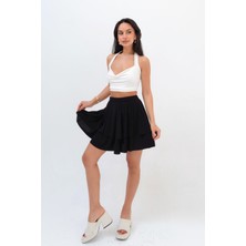 Beli Lastikli Volanlı Mini Etek Siyah