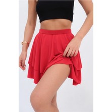 Beli Lastikli Volanlı Mini Etek Kırmızı