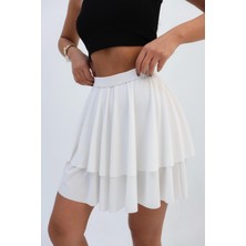 Beli Lastikli Volanlı Mini Etek Beyaz