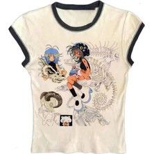 Krem Anime Girls Skull Y2K Kısa Kollu Crop