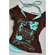 Kahverengi Nuit Magique Madonna Yaka Ek Askılı Gotik Y2K Kısa Kollu Full Body Crop