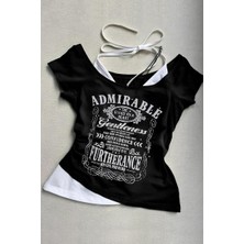 Siyah Admirable Madonna Yaka Ek Askılı Gotik Y2K Kısa Kollu Full Body Crop