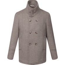 Kahverengi Slim Fit Kruvaze Yünlü Kaşe Kaban