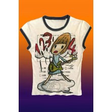 Ekru Guitarist Girl Y2K Kısa Kollu Crop