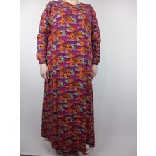 Kadın Portakal Beşgen Yaka Uzun Kollu Kol Bilek Lastikli Yazlık Viskon Uzun Anne Elbise 2 cm Suya Çeker