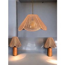 Hasır El Yapımı Bohem Asimetrik Şekilli Avize 2 Li Ahşap Ayaklı Rustik Abajur Set