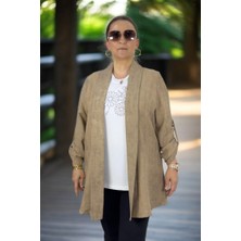 Katlanır Kol Şal Yaka Kadın Ceket Flamlı Keten Malzeme Özellikleri ile Resmi Stil 2025 İlkbahar-Yaz