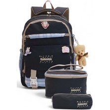 Relaxion 2144-1396 Kore Tarzı Unisex Çocuk Üçlü Set Ilkokul Sırt Çantası - NKT02144-SIYAH-MOR-TEKEBAT