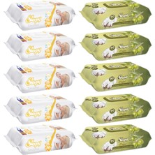 Sleepy Islak Havlu Mendil 90 Yaprak Karma (10 Lu Set) Sensitive & Pamuk-Zeytinyağlı 900 Yaprak