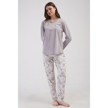 Kadın Büyük Beden Uzun Kol Gri Pijama Takımı C6T1N0O014