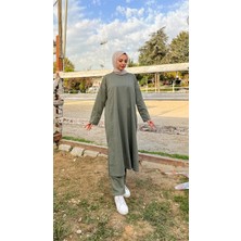 Bwest O Yaka Uzun Geniş Rahat Tunik Sade Basic Ikili Spor Takımı - 3040 - Haki