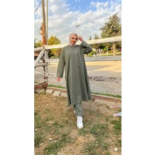 Bwest O Yaka Uzun Geniş Rahat Tunik Sade Basic Ikili Spor Takımı - 3040 - Haki