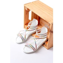 Slipcat Kız Çocuk Yazlık Simli Örgülü Sandalet Rahat Taban Özellikli Beyaz Renk 27 Numara