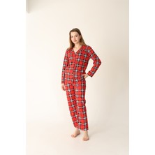 Arvin Pijama Pamuklu Düğmeli Ekose Baskılı Gömlek Yakalı Pijama Takım 3b