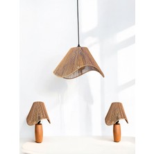 Hasır El Yapımı Bohem Asimetrik Şekilli Avize 2 Li Ahşap Ayaklı Rustik Abajur Set