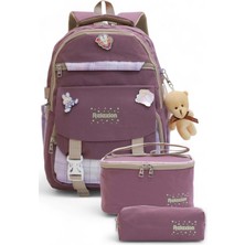 Relaxion 2144-1396 Kore Tarzı Unisex Çocuk Üçlü Set Ilkokul Sırt Çantası - NKT02144-MOR-TEKEBAT