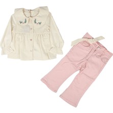 Kız Çocuk Ekru Pembe Bebe Yakalı Çiçek Nakışlı 2'li Takım - 1015606