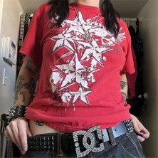 Köstebek Kırmızı Cyber Grunge Vintage Star T-Shirt Kadın Uzun Kol Pamuk Karışımlı Normal Kalıp