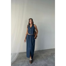 Gökyüzü Moda Tencel Yelek - Yırtmaçlı Etek Takım - Indigo
