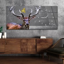 Marpanya Boynuzuna Kelebek Konmuş Geyik Modern Yatay Saatli Yandan Sanat ve Doğa Temalı Cam Tablo YSYS238