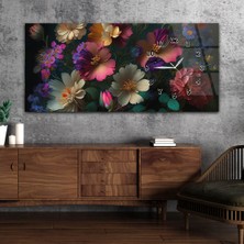 Marpanya Karışık Çiçek Desenli Yatay Saatli Yandan Sanat ve Doğa Temalı Cam Tablo YSYS233