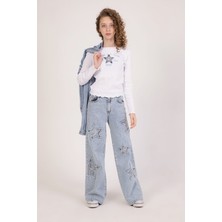 Yıldız Detaylı Nakışlı Bol Paça Kız Denim Pantolon
