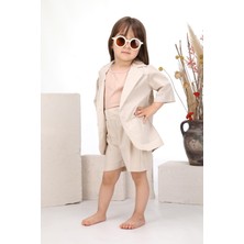 Bej Renk 3'lü Ceket-Bluz-Şort Takıım