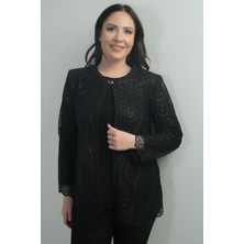 Kadın Uzun Kollu Bluz Pul Işlemeli Dantel Ceket Büyük Beden 2'li Takım