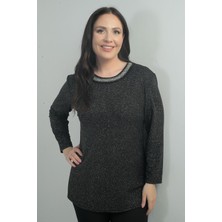 Kadın Taş Detaylı Yuvarlak Yaka Simli Likralı Büyük Beden Bluz