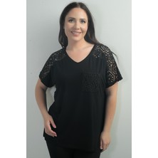 Kadın  Omuzu ve Cebi Dantelli Büyük Beden Bluz
