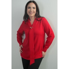 Kadın V Yaka Fularlı Krep Saten Büyük Beden Bluz