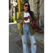 Uzun Kollu ve Düğme Kapamalı Kruvaze Yakalı Oversize Blazer Kadın Keten Ceket Haki