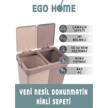 Kahverengi Bej Motek Ikili Dokunmatik Kirli Çamaşır Sepeti Çift Bölmeli Otomatik Kapaklı 80 Lt