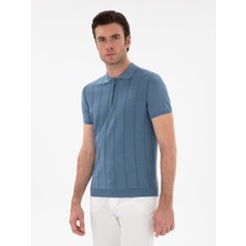 Cacharel Erkek Indigo Slim Fit Nervürlü Fermuarlı Polo Yaka Triko T-Shirt 50309871-VR028