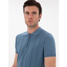 Cacharel Erkek Indigo Slim Fit Nervürlü Fermuarlı Polo Yaka Triko T-Shirt 50309871-VR028
