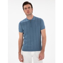Cacharel Erkek Indigo Slim Fit Nervürlü Fermuarlı Polo Yaka Triko T-Shirt 50309871-VR028