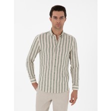 Cacharel Erkek Haki Slim Fit Çizgili Pamuklu Gömlek 50311079-VR027