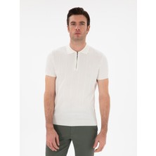 Cacharel Erkek Beyaz Slim Fit Nervürlü Fermuarlı Polo Yaka Triko T-Shirt 50309871-VR013
