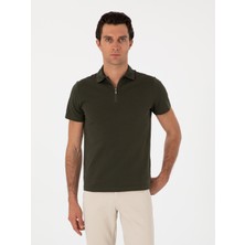 Cacharel Erkek Haki Slim Fit %100 Pamuk Fermuarlı Polo Yaka T-Shirt 50310032-VR027