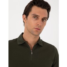 Cacharel Erkek Haki Slim Fit %100 Pamuk Fermuarlı Polo Yaka T-Shirt 50310032-VR027