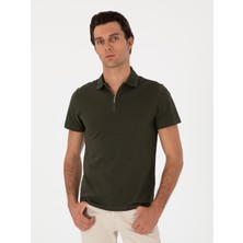 Cacharel Erkek Haki Slim Fit %100 Pamuk Fermuarlı Polo Yaka T-Shirt 50310032-VR027