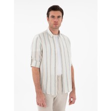 Cacharel Erkek Açık Mavi Slim Fit Çizgili Yakası Düğmeli %100 Keten Gömlek 50300429-VR003