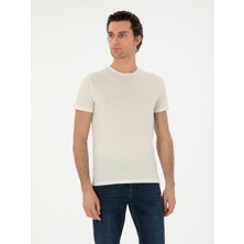 Cacharel Erkek Ekru Slim Fit Keten Karışımlı Bisiklet Yaka T-Shirt 50306157-VR019