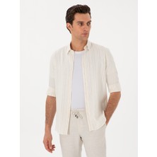 Cacharel Erkek Bej Slim Fit Çizgili Keten Karışımlı Gömlek 50300398-VR011