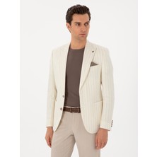 Cacharel Erkek Ekru Slim Fit Yün Keten Karışımlı Çizgili Kırlangıç Yaka Ceket 50300075-VR019