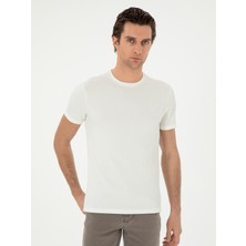 Cacharel Erkek Beyaz Slim Fit Çizgi Dokulu Bisiklet Yaka T-Shirt 50303372-VR013