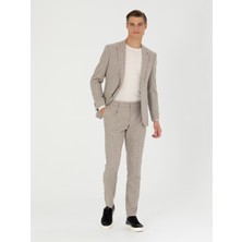 Cacharel Erkek Bej Slim Fit Yün Kaşmir Karışımlı Çizgili Klasik Ceket 50272614-VR011